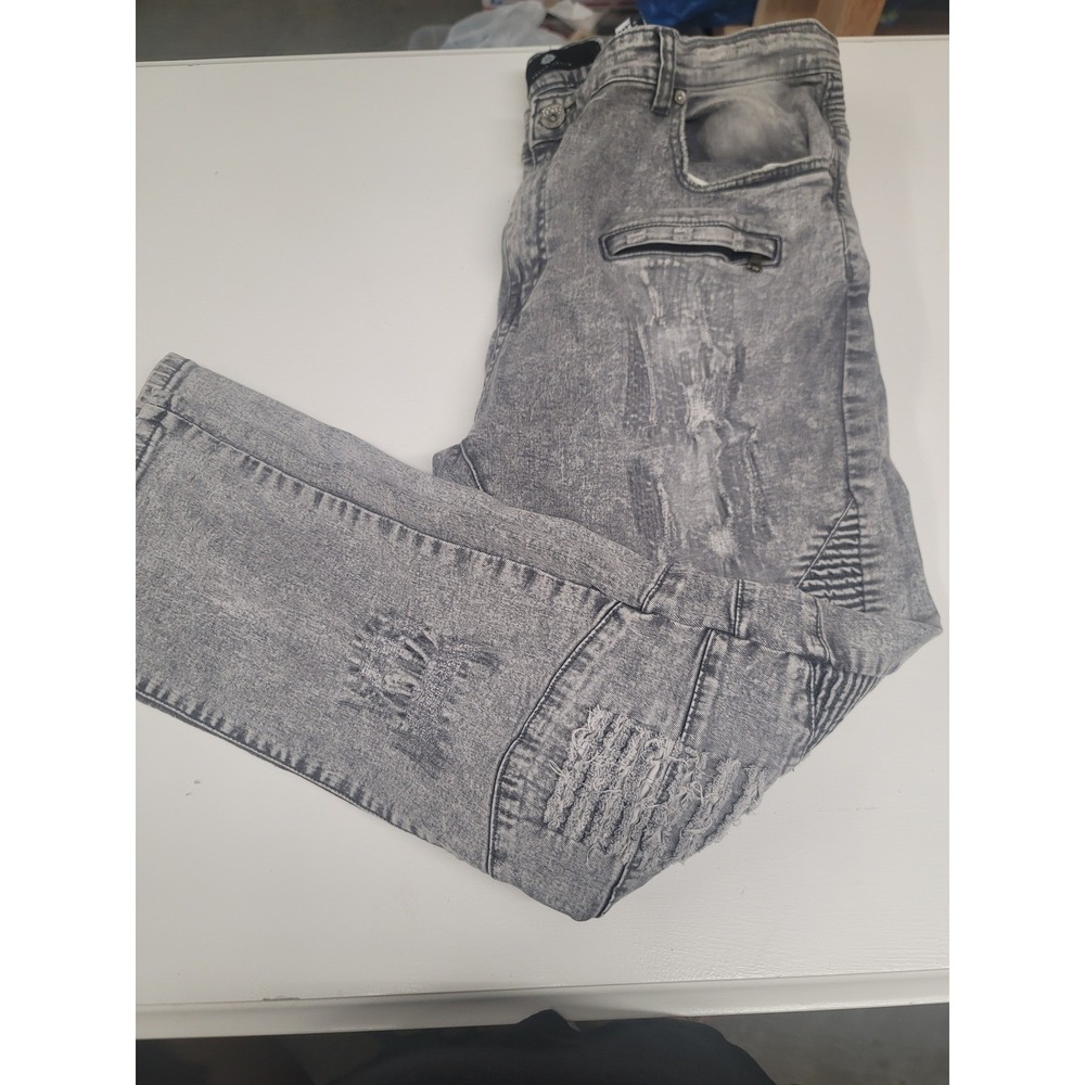 Focus Jeans Mens‎ 42x32 Gray Acid Wash Moto Biker Distressed Slim Fit Denim